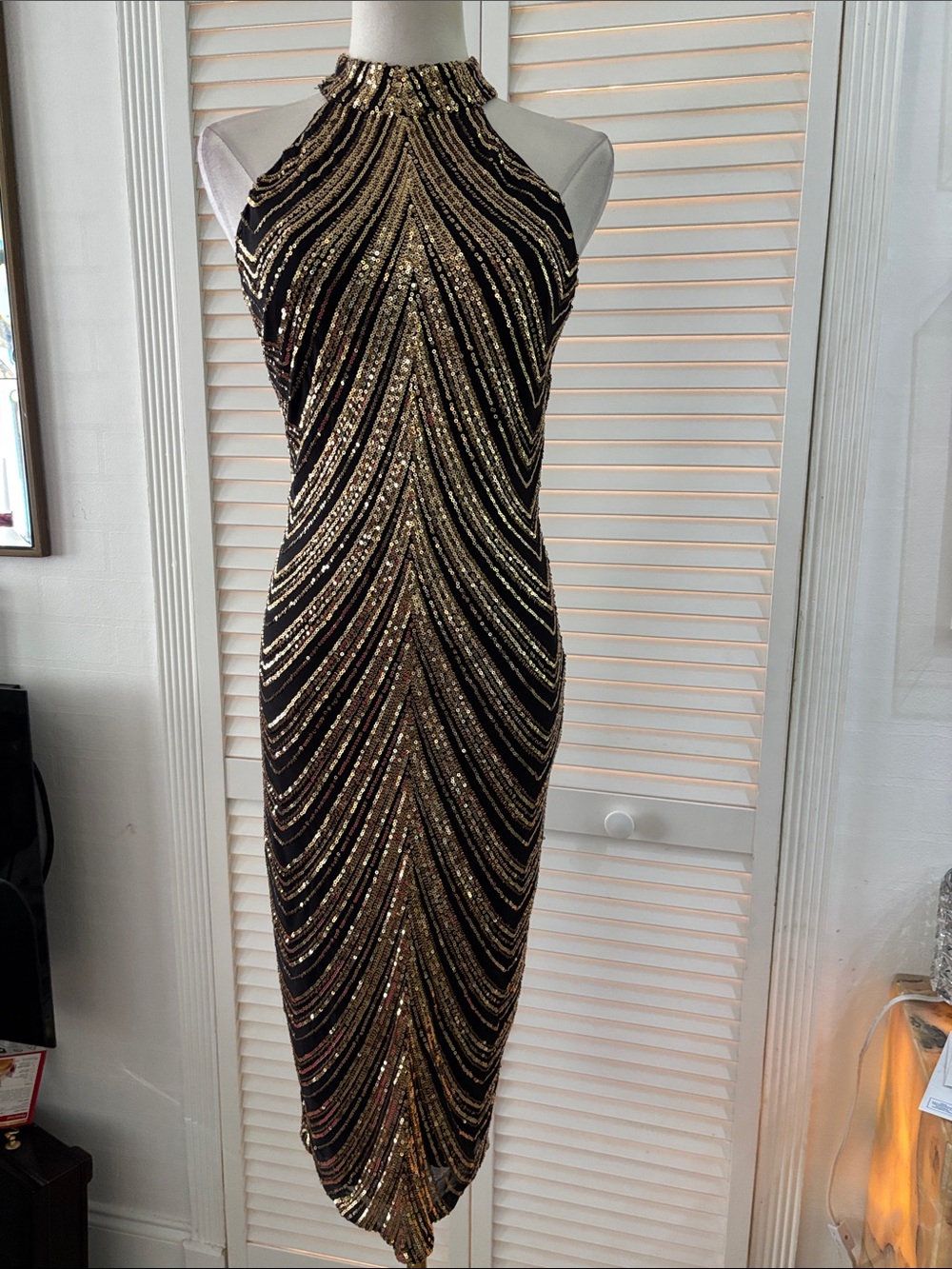 Premier Amour Black and gold sequins Halter Midi Dress,.US6